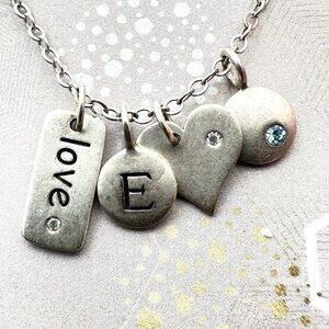 Sterling Silver Womans Necklace Charms Love Heart Initial E Blue Gem Gift Idea